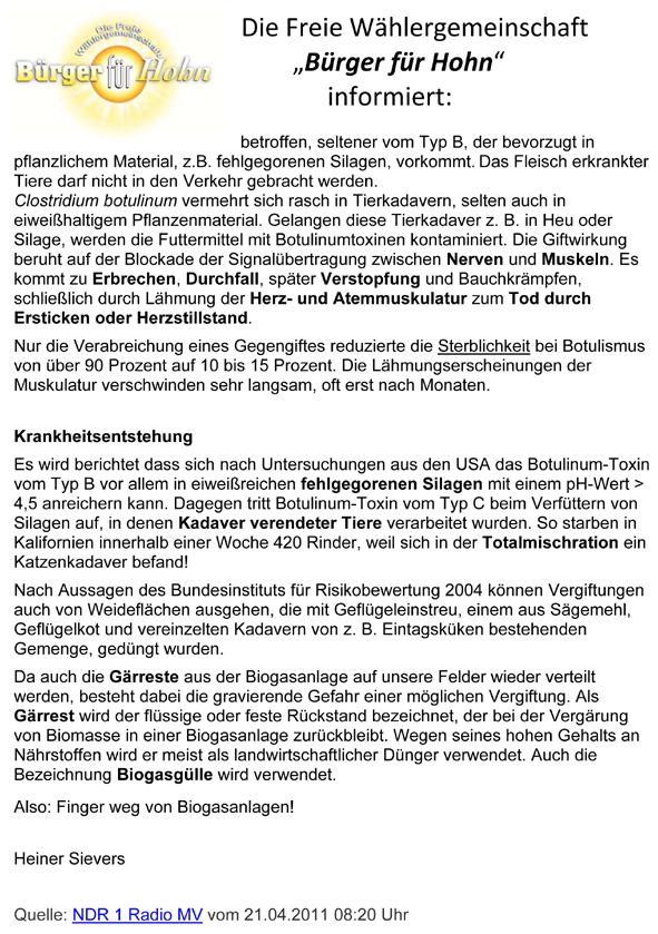 Krankheitsentstehung des Butolismus aus Gärresten in Biogasanlagen